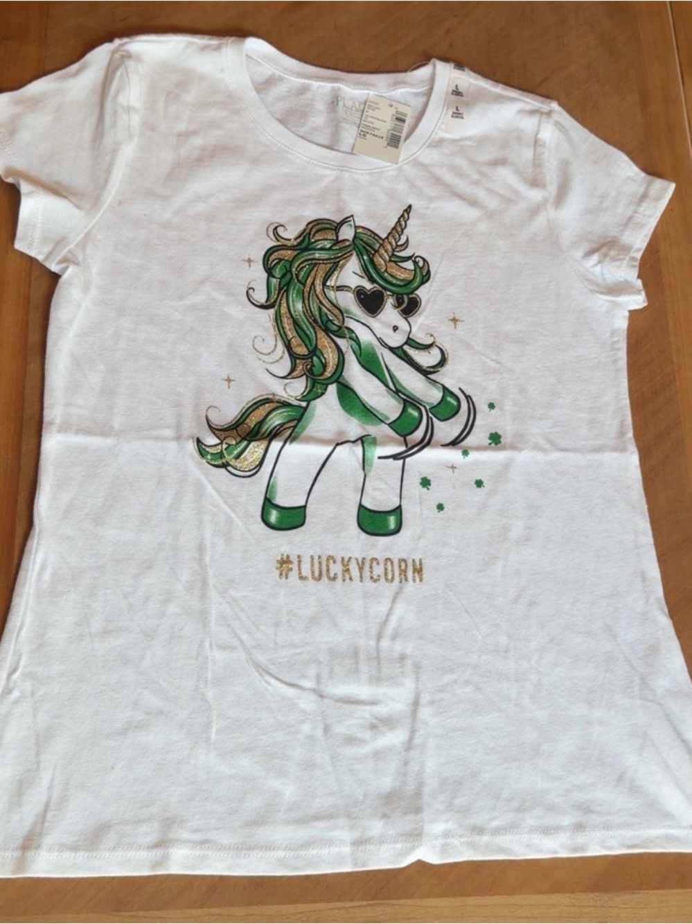 The Children's Place White Unicorn Tee with Green & Gold Details